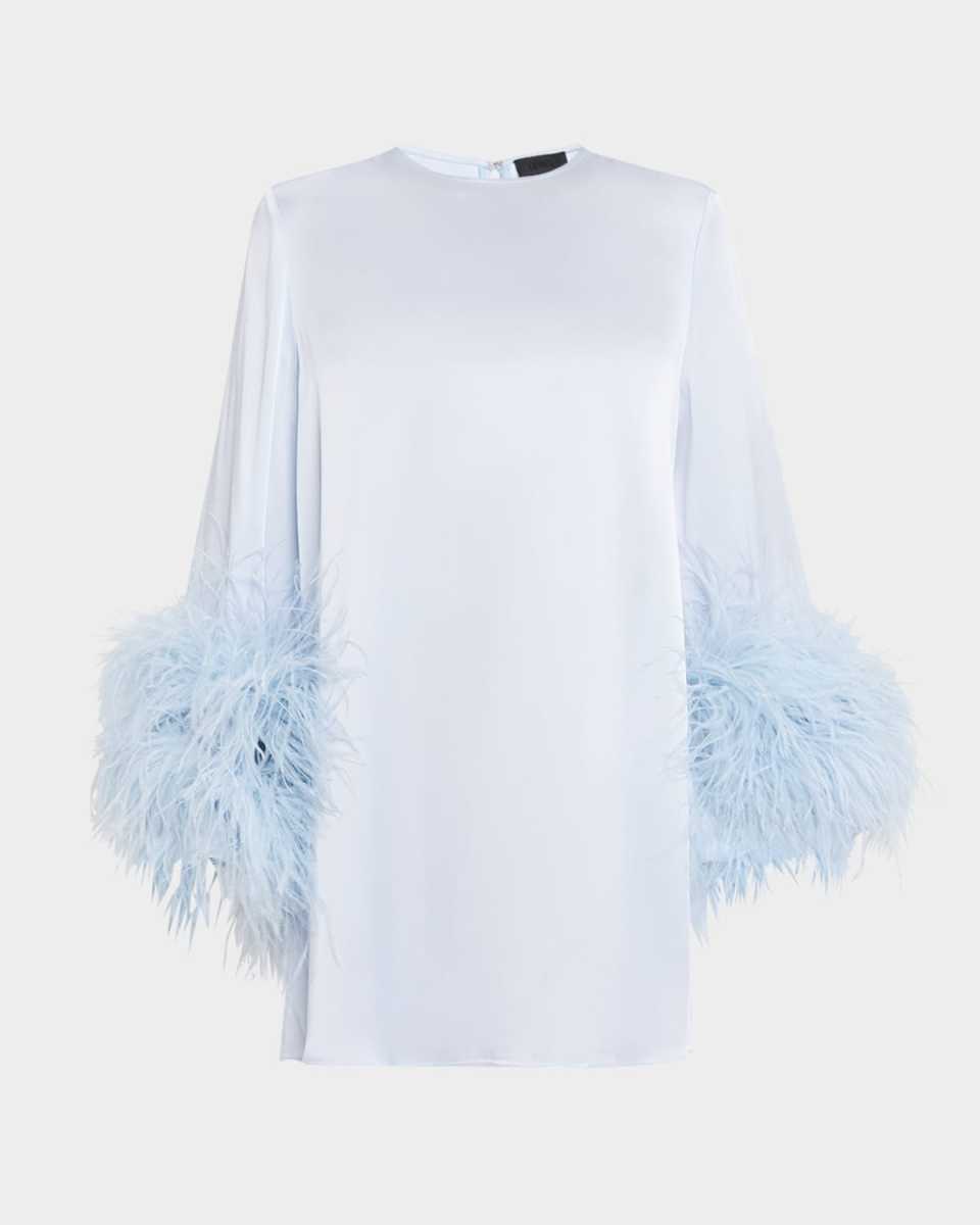 Feather-Trim Long-Sleeve Satin Mini Shift Dress